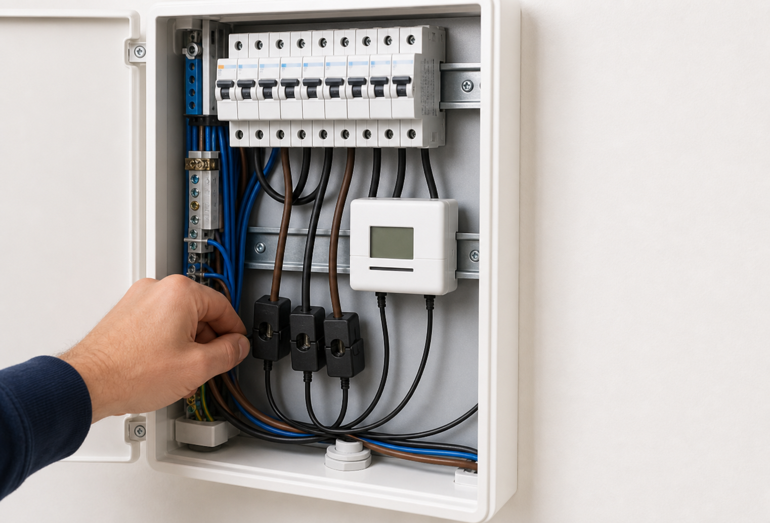 Prúdové transformátory nacvaknuté na vodičoch v elektrickom rozvádzači